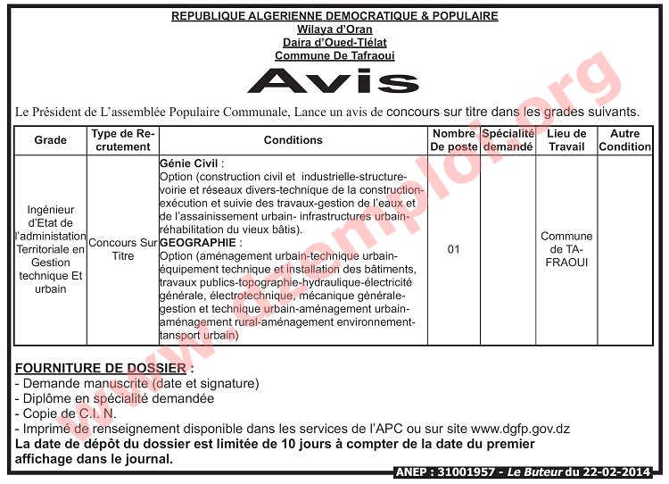 إعلان مسابقة توظيف في بلدية طفراوي ولاية وهران فيفري 2014 Oran