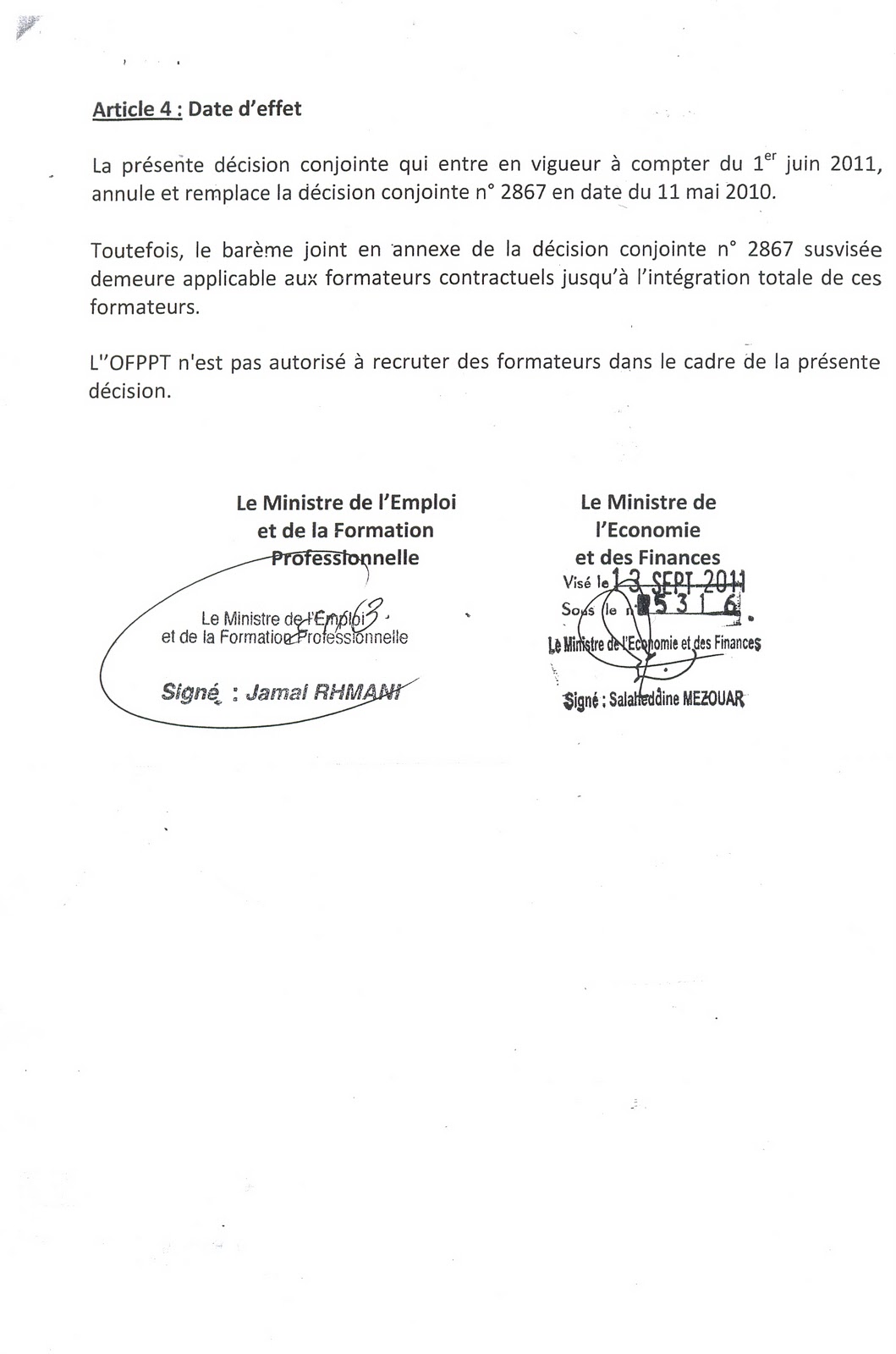 la décision entre le ministère de l’emploi et le ministère des finances fixant les articles d’un contrat CDI P03