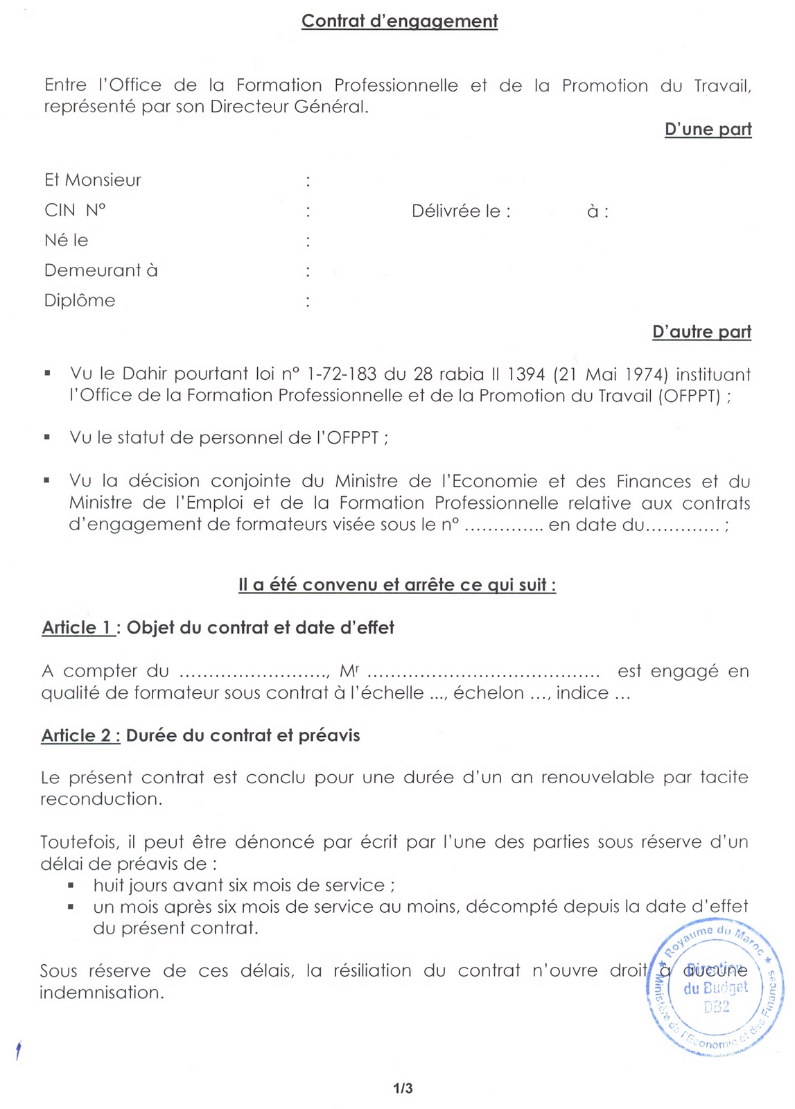 la décision entre le ministère de l’emploi et le ministère des finances fixant les articles d’un contrat CDI P01