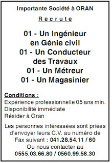 Recrute Importante Société à ORAN 02