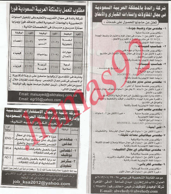 اعلانات وظائف خالية من جريدة الاهرام الجمعة 25-1-2013 - وظائف قطر الكويت والسعودية 15