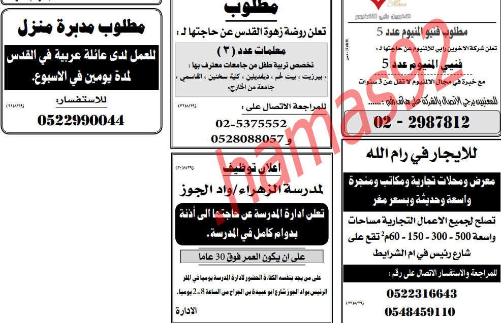 اعلانات وظائف شاغرة من جريدة القدس الفلسطينية الاربعاء 29\8\2012  %D8%A7%D9%84%D9%82%D8%AF%D8%B31