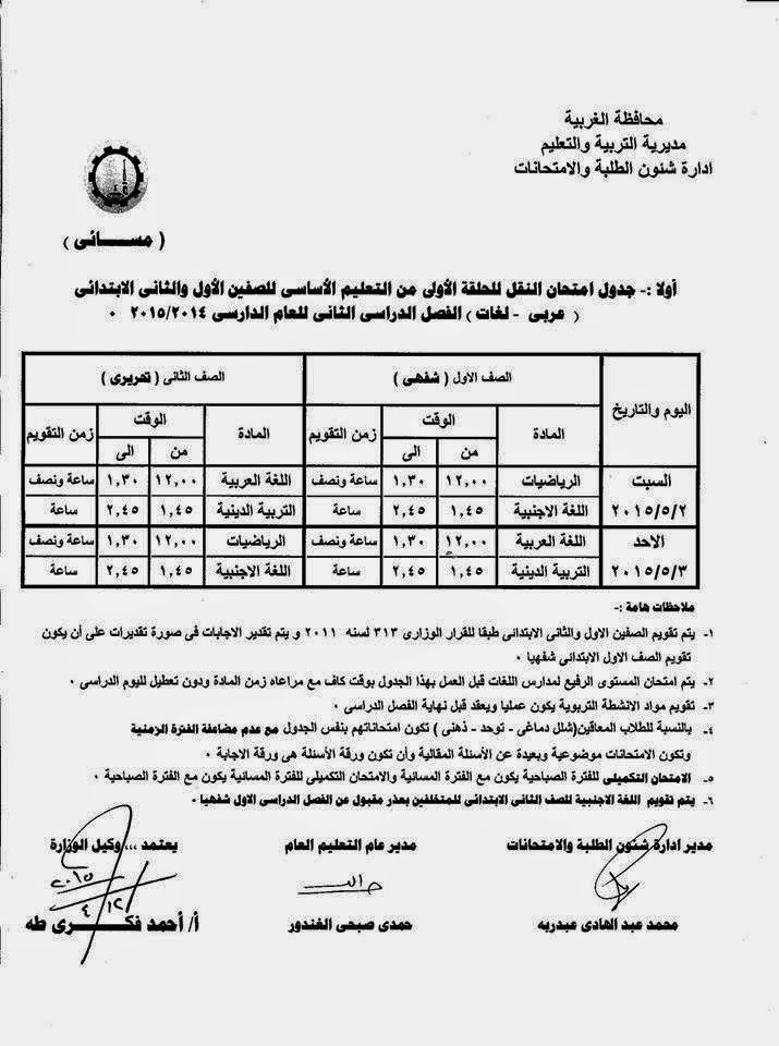 اخيرا نشر كل جداول امتحانات (ابتدائي اعدادى ثانوى) محافظة الغربية اخر العام 2015 11150818_1094118750603452_8423929286211565418_n