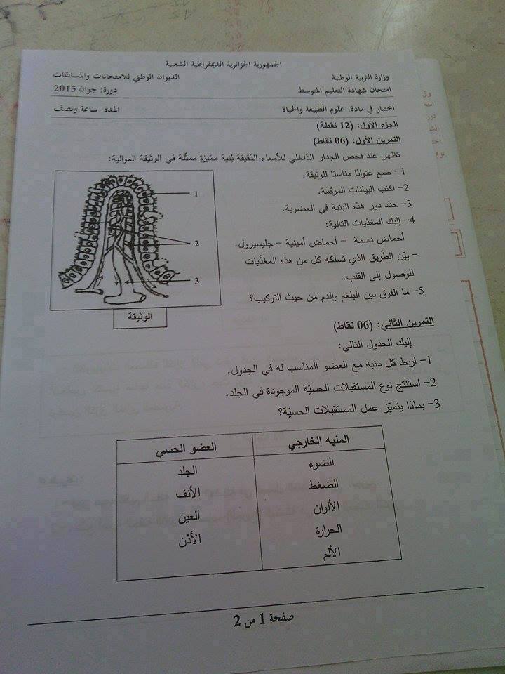  موضوع مادة العلوم الطبيعية و الحياة لشهادة التعليم المتوسط 2015 مع التصحيح 3