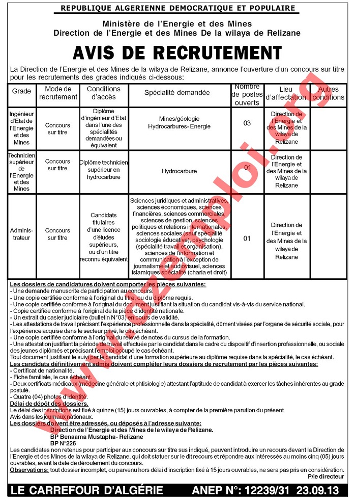 direction de l'energie et des mines de la wilaya de relizane recrute septembre 2013  Ghilizane