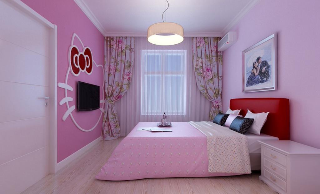 تصاميم غرف بنات باللون الوردي الرائع  Beautiful-bedroom-interior-design-with-tv-setup-on-hello-kitty-shaped-on-pink-wall-as-well-round-pendant-lamp-above-pink-bed-covet-as-well-white-wooden-vanity-and-floral-curtain-including