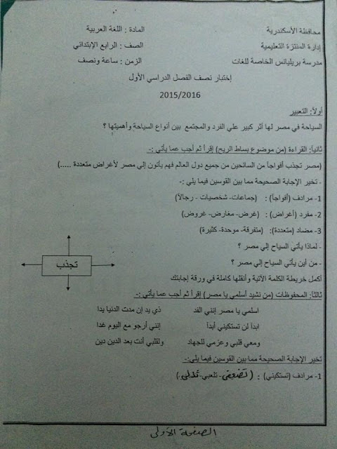  لغة عربية: امتحانات الميدترم1-2016 للصف الرابع الابتدائى "20 امتحان اون لاين" 21