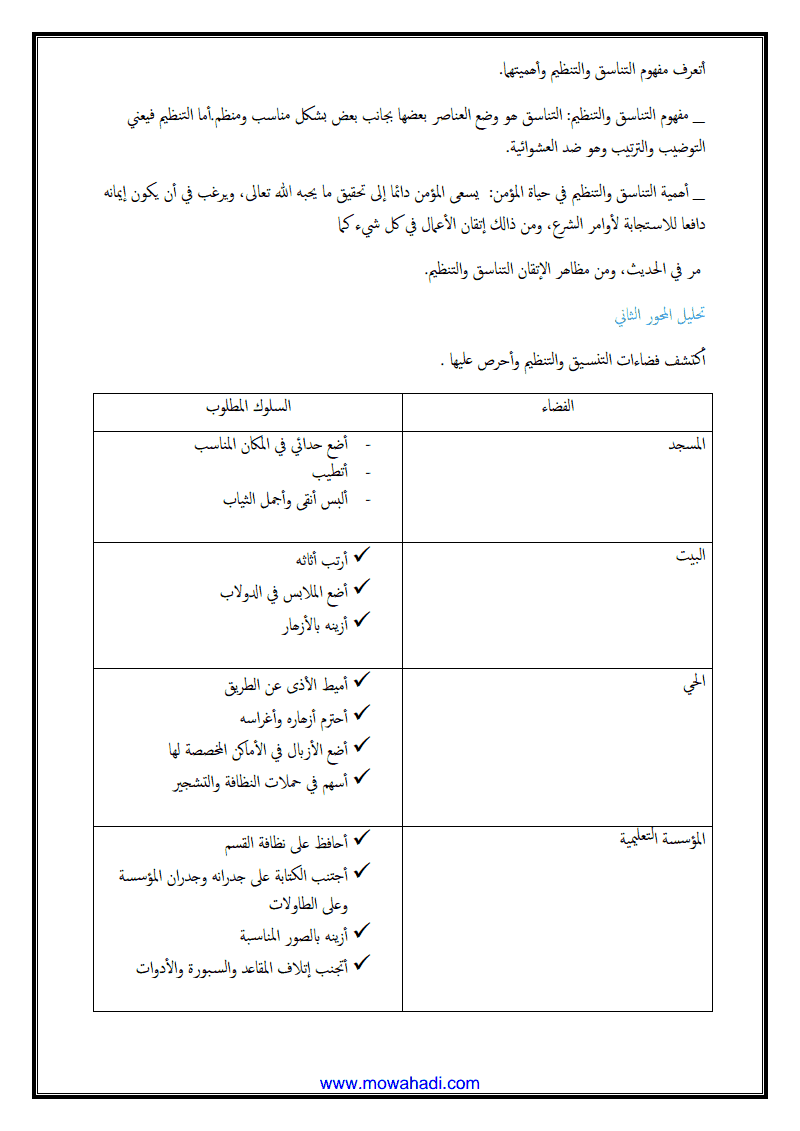 درس أثر الايمان في تنمية الحس الجمالي ( التناسق و التنظيم ) للسنة الثانية اعدادي - مادة التربية الاسلامية - 347