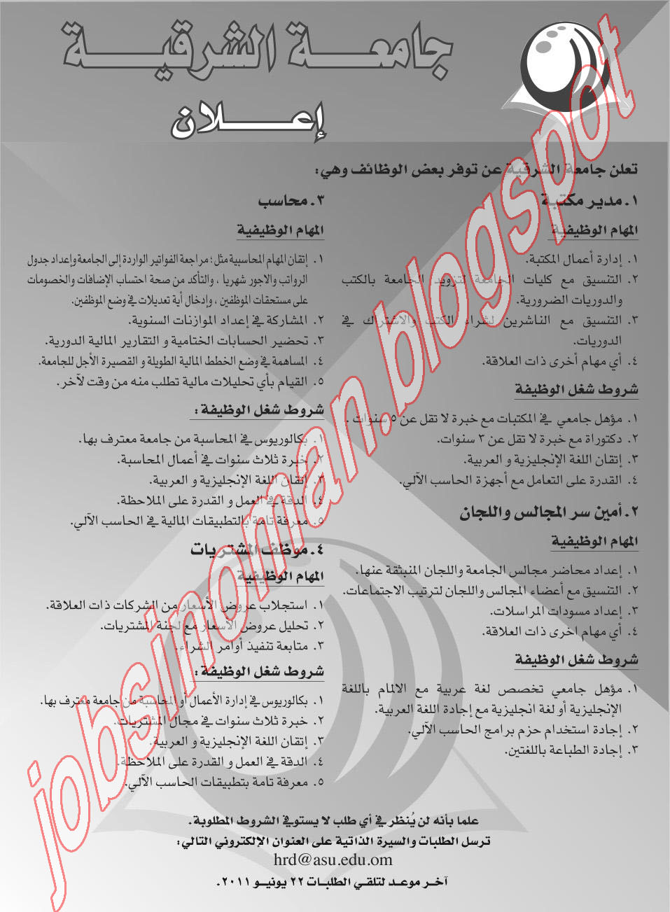 وظائف عمان - وظائف جامعة الشرقية 1