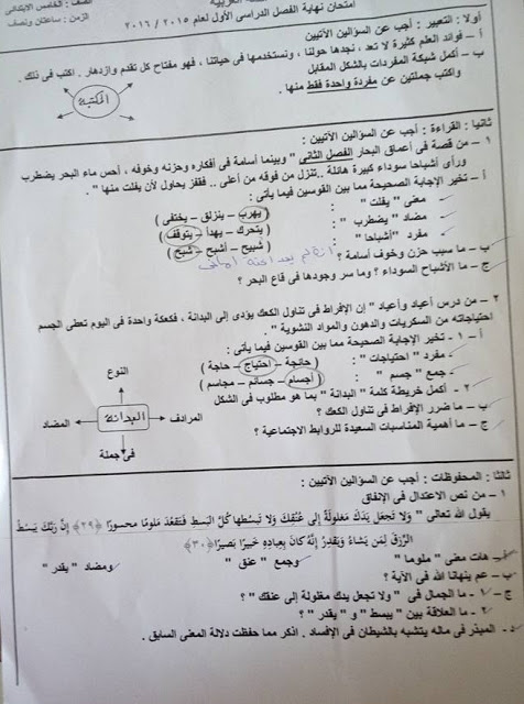 لغة عربية: امتحانات فعلية للمحافظات اللي امتحنت - خامسة ابتدائي ترم اول 12509078_10153378506328435_3588362580981934989_n
