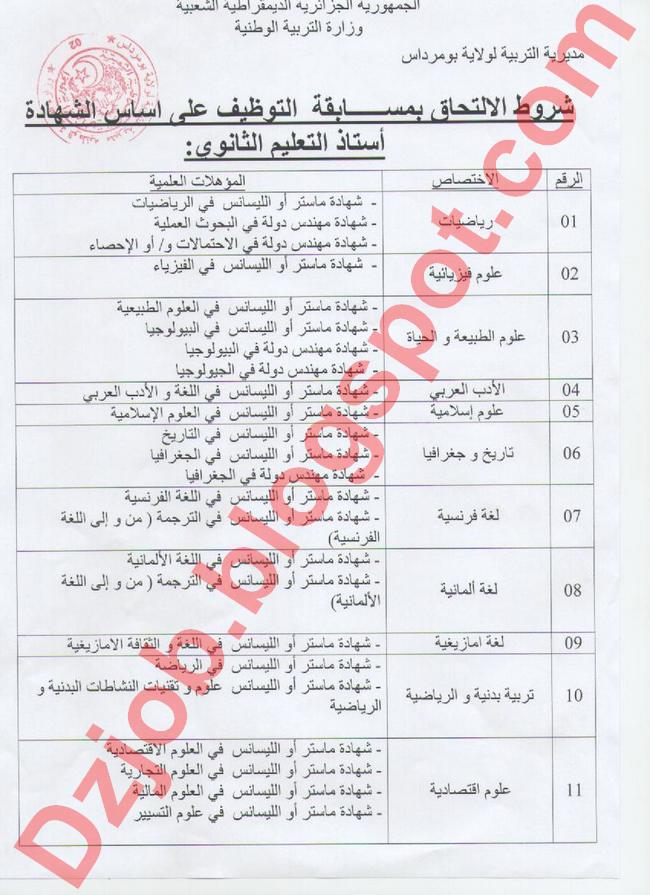 اعلان مسابقة توظيف الأساتذة في مديرية التربية لولاية بومرداس جويلية 2013 2