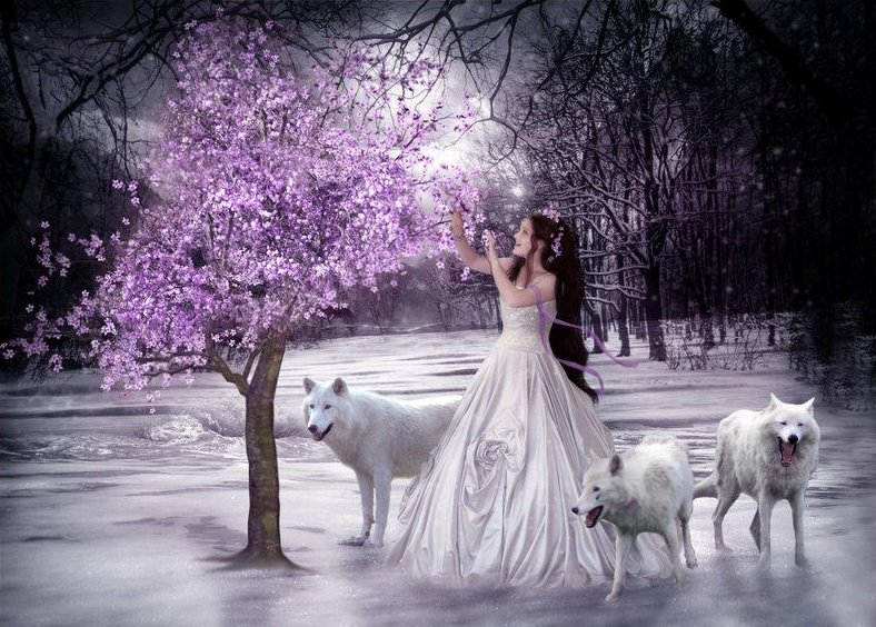 >>>>> INVIERNO <<<<< - Página 2 Princesa-de-la-nieve-mirando-el-arbol-purpura-acompa%25C3%25B1ada-de-sus-lobos