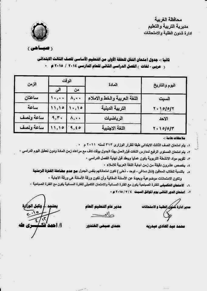 اخيرا نشر كل جداول امتحانات (ابتدائي اعدادى ثانوى) محافظة الغربية اخر العام 2015 11136754_1094118507270143_4497882679836205852_n