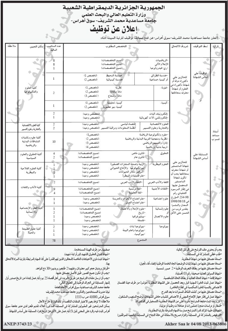 مسابقة توظيف اساتذة مساعدين قسم ب في جامعة سوق اهراس أوت 2013 03