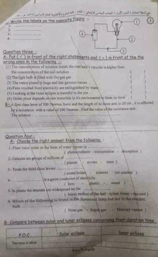 ورقة امتحان science محافظة الاسكندرية - الصف السادس الابتدائي آخر العام 2015 1