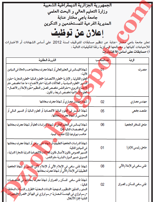 مسابقة توظيف أسلاك مشتركة بجامعة باجي مختار عنابة اوت 2012 1