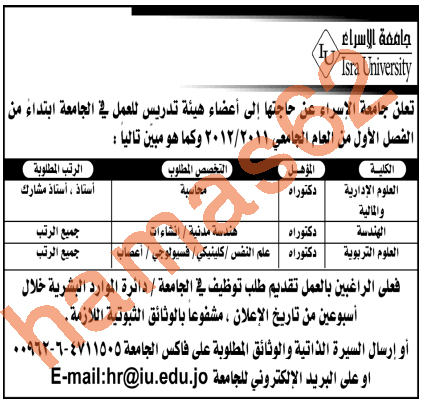 وظائف الاردن - وظائف جامعه الاسراء 1