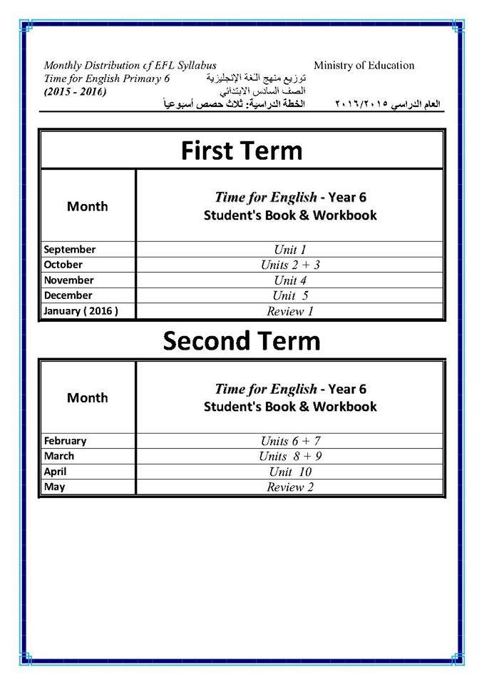 توزيع منهج اللغة الإنجليزية لجميع صفوف المرحلة الابتدائية 2015-2016 للترمين 6