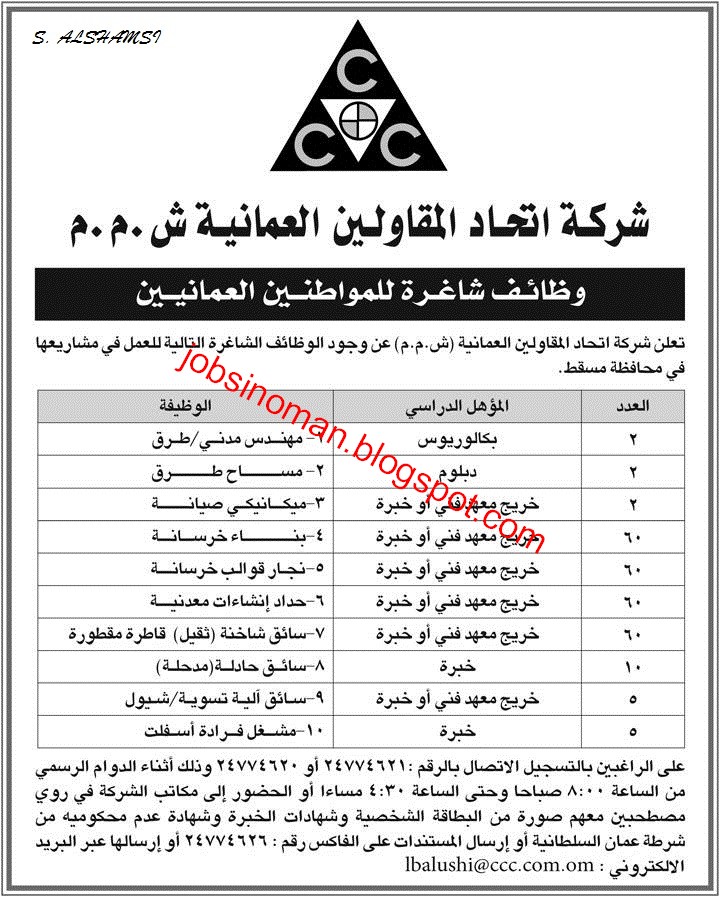 وظائف عمان - وظائف شركة اتحاد المقاولين العمانية 1