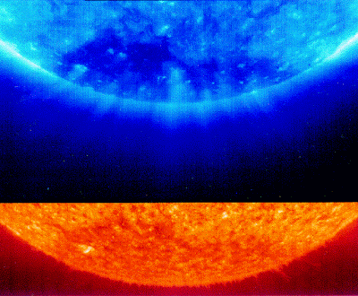 Agujero Coronal del sol efecto aparecera en la Tierra el 3 de Mayo Coronalhole_soho_blue_red