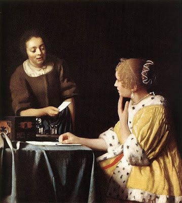 لوحات الفنان / يوهانِس فيرمير Johannes Vermeer 538px-Vermeer_Lady_Maidservant_Holding_Letter