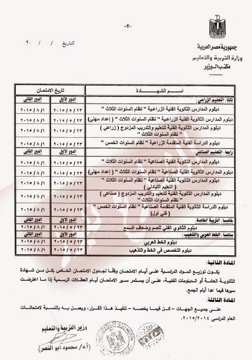 المواعيد الرسمية لامتحانات الثانوية العامة 2015 2