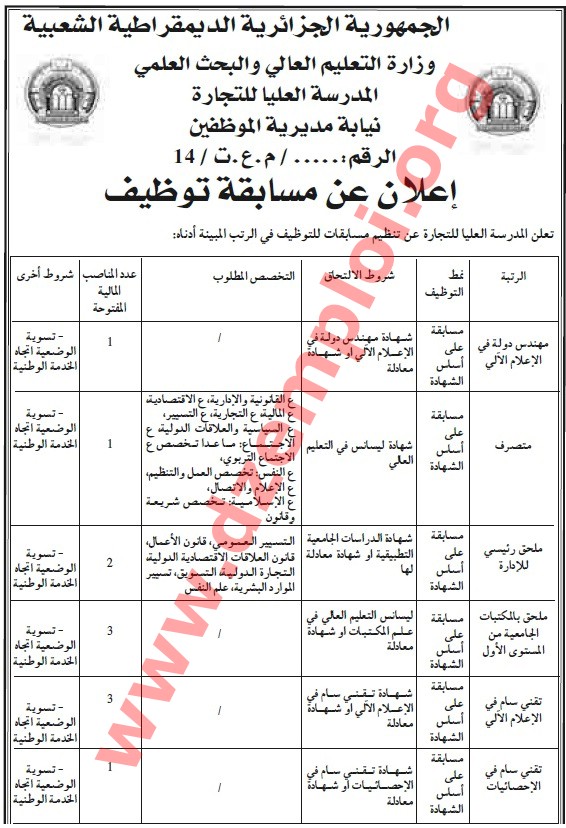  مسابقة توظيف مستخدمين في المدرسة العليا للتجارة الجزائر جويلية 5/7/2014 Esc1