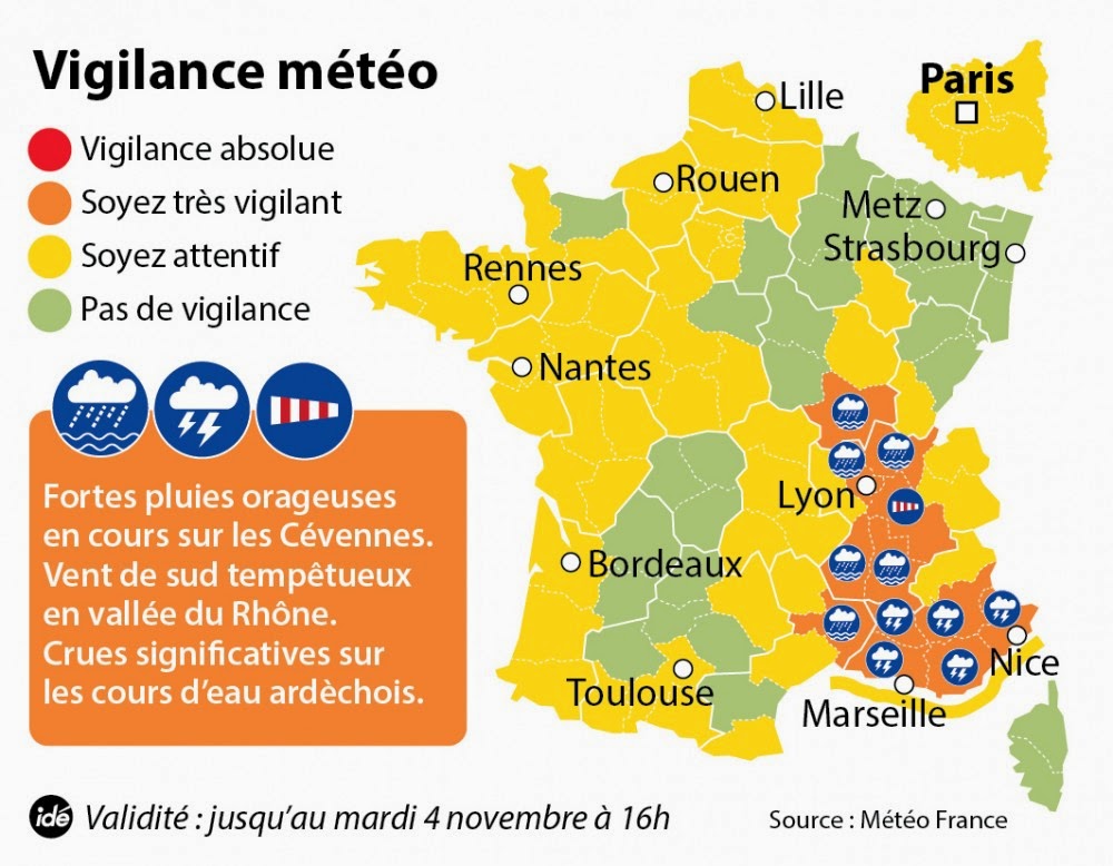  Intempéries: 15 départements du Sud-Est en alerte orange, Il y a déjà des dégâts en Ardèche Alertemeteo04112014