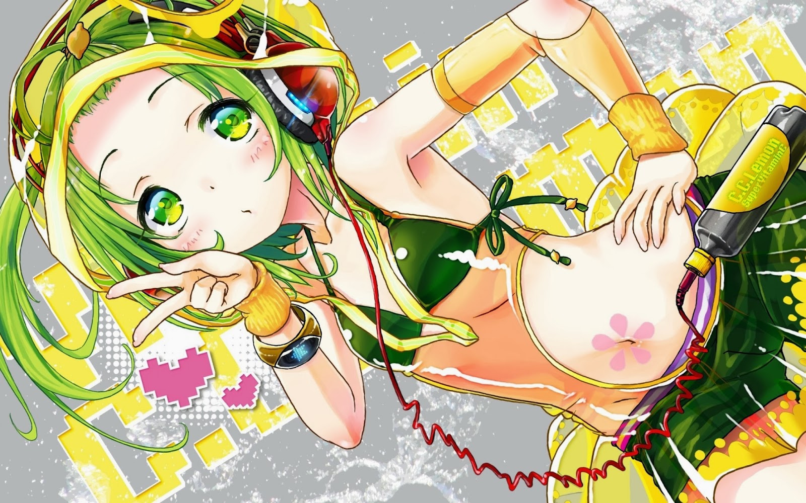 Mượn hình ảnh anime để quảng cáo nước giải khát C.C lemon Headphone_green_eyes_green_hair_anime_girls_bikini_top_cc_lemon_1920x1200_size_size_2560x1600_