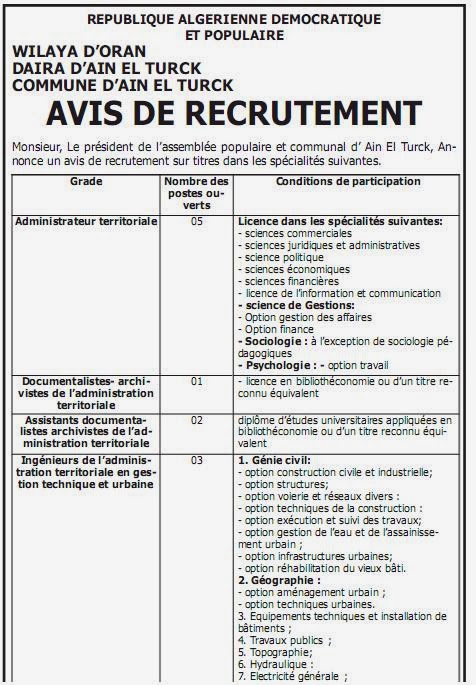 مسابقة التوظيف ببلدية عين الترك ولاية وهران 03/02/2014 11