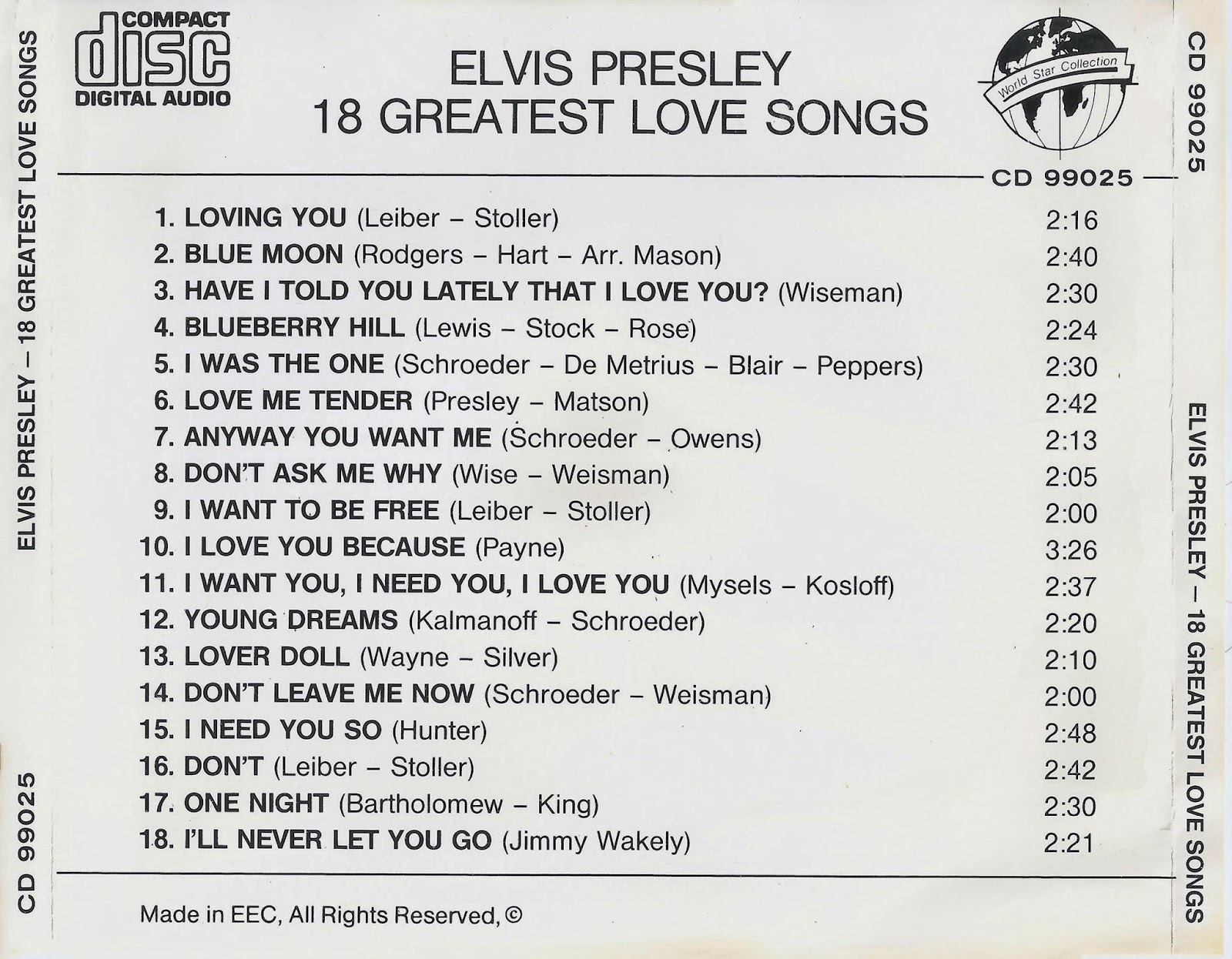 ELVIS PRESLEY - 18 Greatest Love Songs (1964) Tras