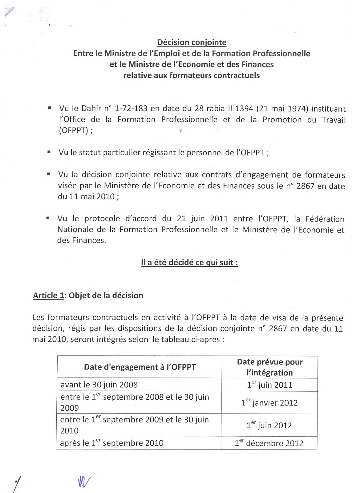 la décision entre le ministère de l’emploi et le ministère des finances relative à l’intégration des formateurs contractuels Page01