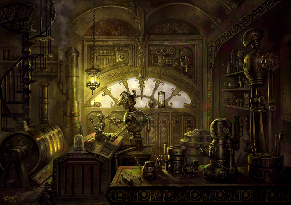 L'univers Steampunk  1000x705_1431_The_Tin_tin_maker_2d_sci_fi_robots_steampunk_machines_illustration_picture_image_digital_art