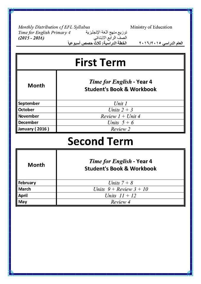 توزيع منهج اللغة الإنجليزية لجميع صفوف المرحلة الابتدائية 2015-2016 للترمين 4