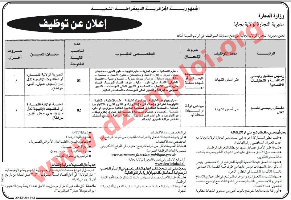 إعلان مسابقة توظيف في مديرية التجارة لولاية بجاية فيفري 2015 Bejaia