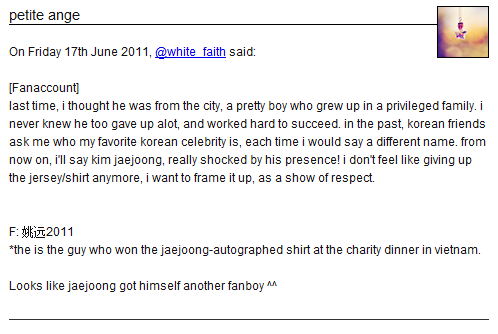 El chico que ganó la camiseta autografiada de Jaejoong en Vietnam escribe sobre JJ ~  Jjfanboy