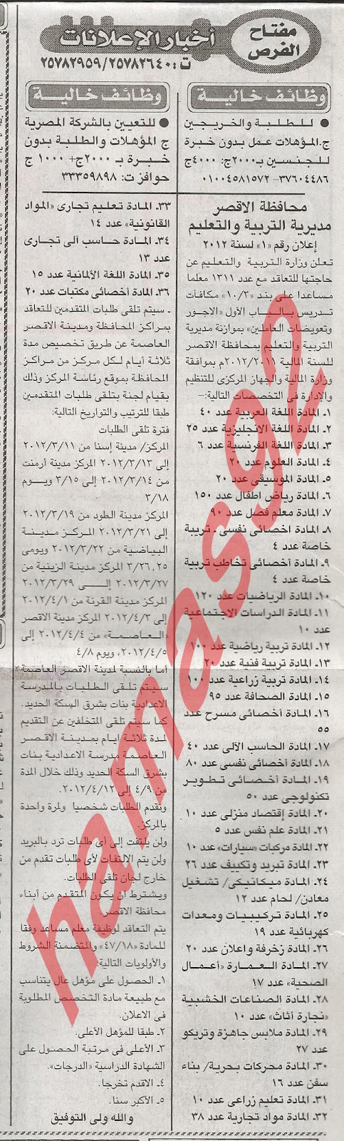 اعلانات وظائف جريدة الاخبار الثلاثاء 28\2\2012, وظائف مديرية التربية والتعليم فى الاقصر  %D8%A7%D9%84%D8%A7%D8%AE%D8%A8%D8%A7%D8%B1