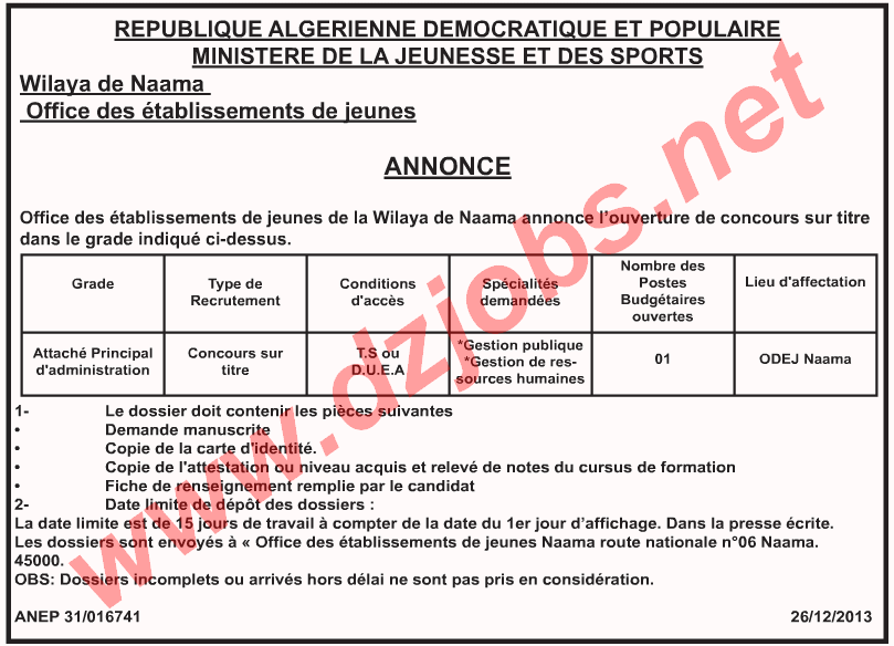 إعلان توظيف في ديوان مؤسسات الشباب لولاية النعامة ديسمبر 2013 Naama