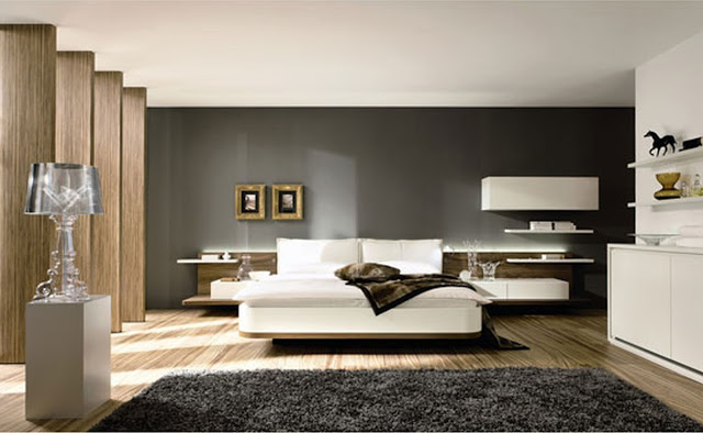 Mẫu giường ngủ gỗ hiện đại Bedroom-furniture-interior-magnificent-modern-bedroom-with-white-master-bed-and-laminated-wood-floor-also-grey-rug-luxury-furnishing-and-decoration-in-modern-bedrooms-design