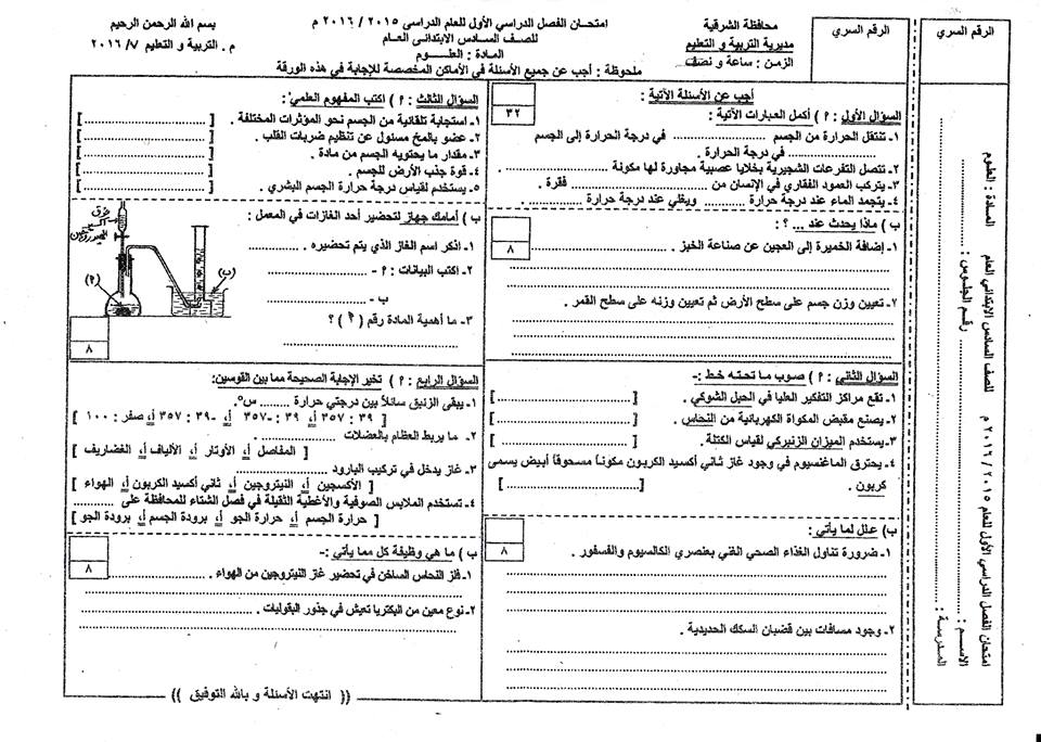 محافظة الشرقية: امتحان العلوم للصف السادس الابتدائي نصف العام 2016 12575924_791860724259097_1354177503_n