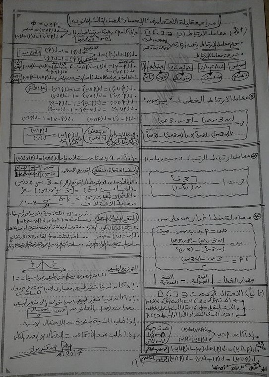 بالصور مراجعة ليلة الامتحان الاحصاء للصف الثالث الثانوى في 5 ورقات 1