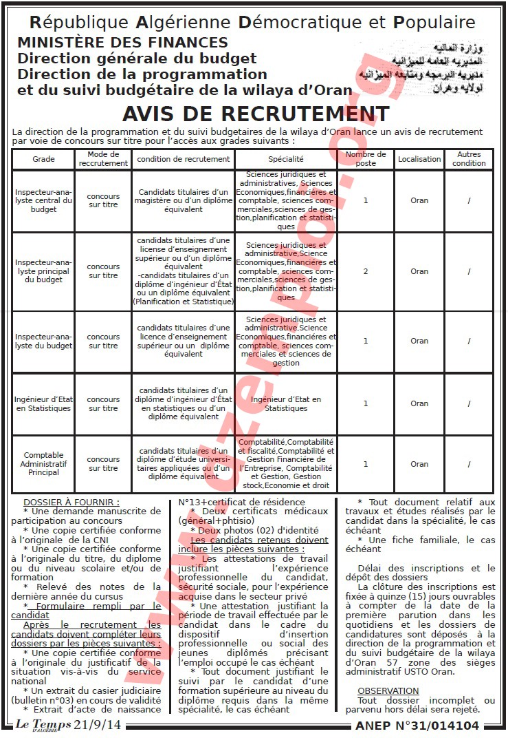 إعلان توظيف ثاني في مديرية البرمجة ومتابعة الميزانية لولاية وهران أكتوبر 2014 Oran