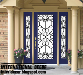 موسوعة الأبواب المنزليه Wrought-iron-glass-french-door-insert-blue