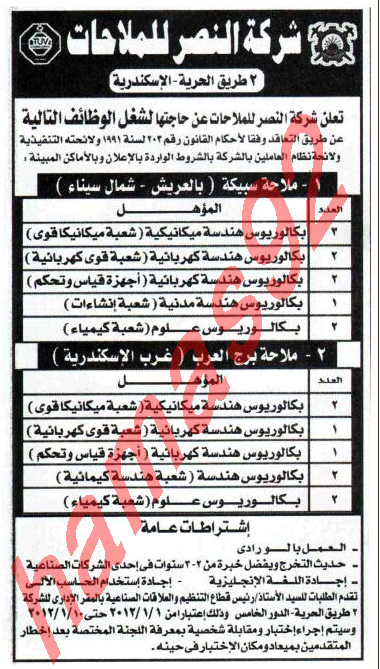 وظائف خالية فى شركة النصر للملاحات , الاسكندرية  1