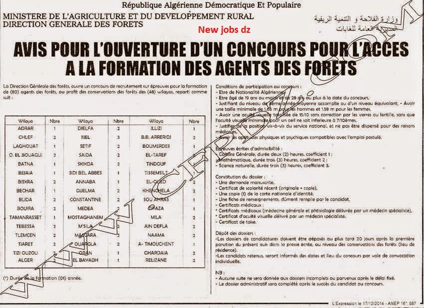  اعلان توظيف المديرية العامة للغابات حسب الولايات (48 ولاية) ديسمبر 2014  For