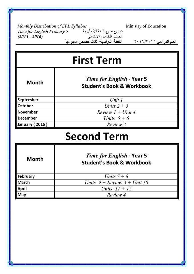 توزيع منهج اللغة الإنجليزية لجميع صفوف المرحلة الابتدائية 2015-2016 للترمين 5