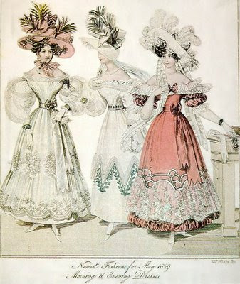 La moda femenina durante el periodo romántico 504px-1829-Morning-Evening-Dresses-World-of-Fashion-May
