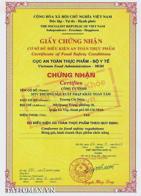 Viên uống trắng da Tatiomax Gold của Nhật Giay-chung-nhan-an-toan-thuc-pham-sieuthi