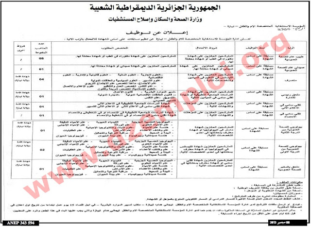  إعلان مسابقة توظيف في المؤسسة الاستشفائية المتخصصة الأم والطفل بولاية تيبازة سبتمبر 2015 Tipaza