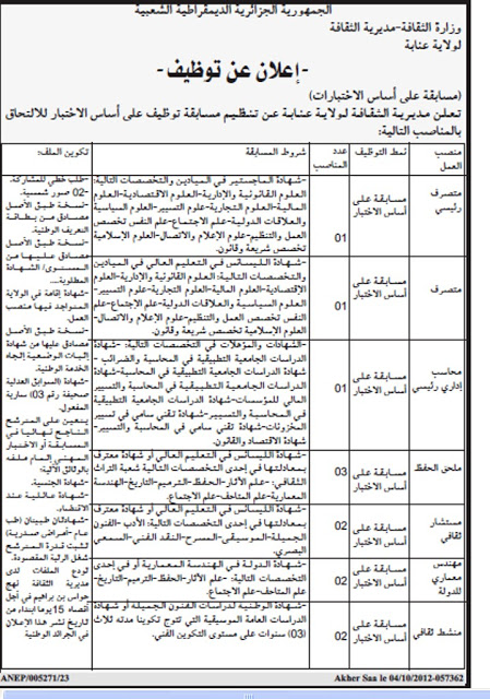  اعلان مسابقة توظيف بمديرية الثقافة لولاية عنابة 04 اكتوبر 2012 01